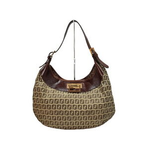 FENDI Mamma One Shoulder Hobo Bag Zucchino Canvas Leather Beige Tan Dark Brown